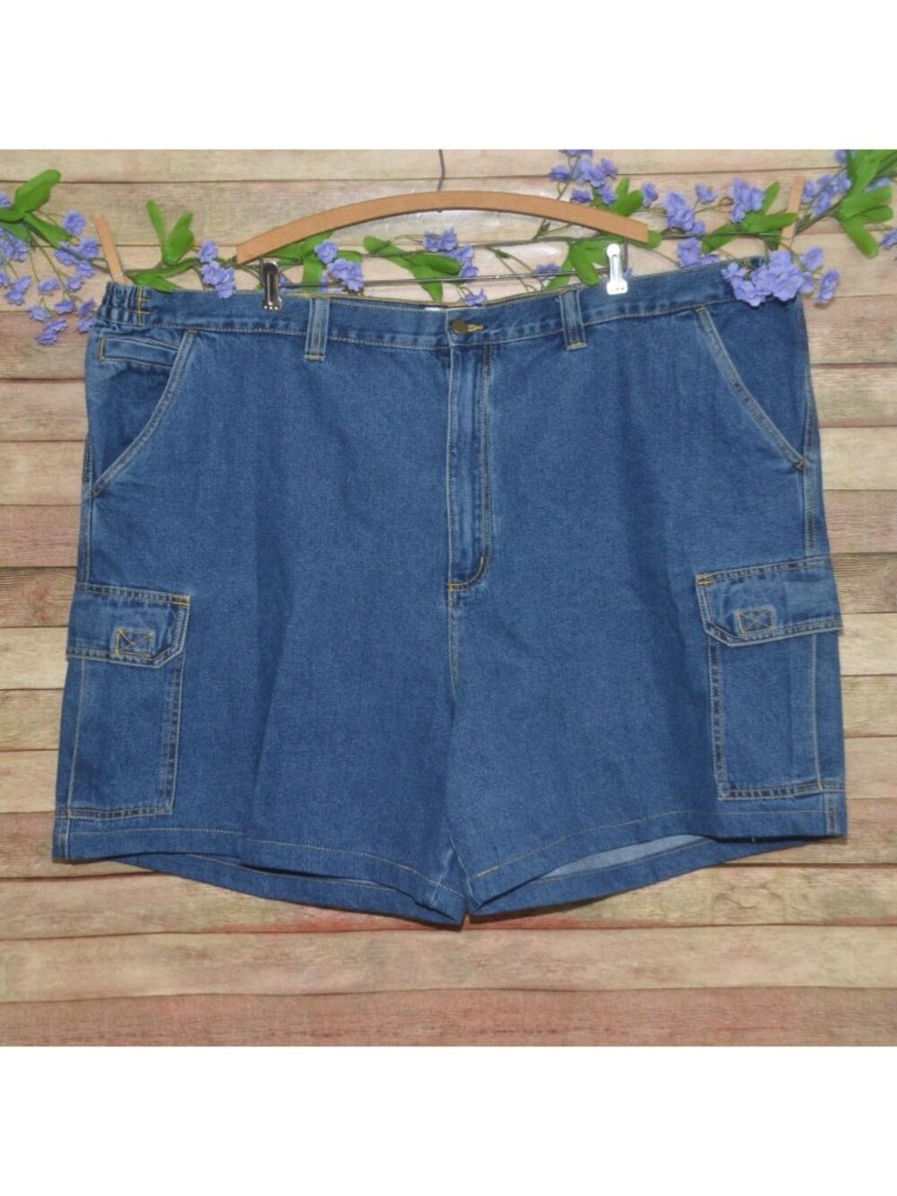 King Size Cargo Jean Shorts Mens 54 Big Blue Cotton Denim Jorts Elastic Waist